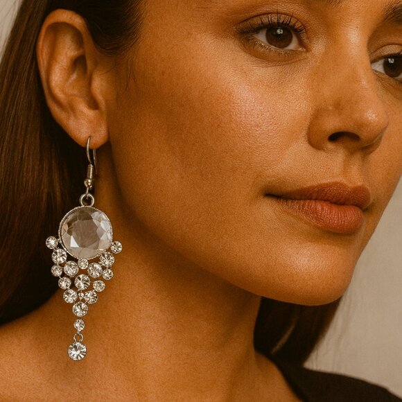 Paparazzi Silver Rhinestone Chandelier Earrings – Glam Crystal Dangle Jewerly - Picture 1 of 2